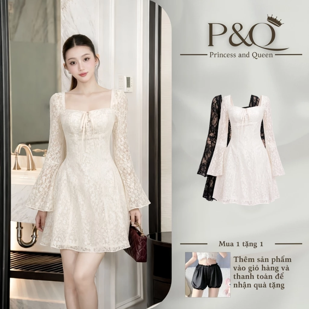 Váy ren nữ P&Q màu trắng kem hai lớp cúp ngực dáng xòe tay dài dự tiệc có bigsize | vd0018