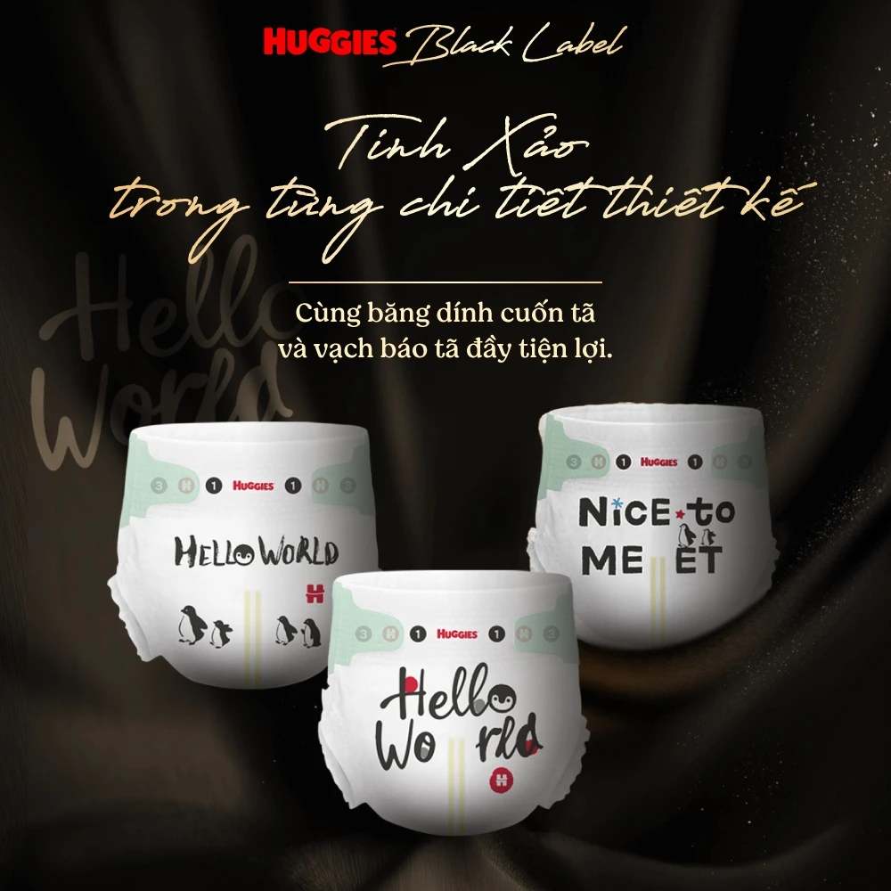 Tã dán Huggies Black Label Siêu cấp NB52, S44 đai dán siêu mềm, 2 vùng thấm hút cho bé thoái mái