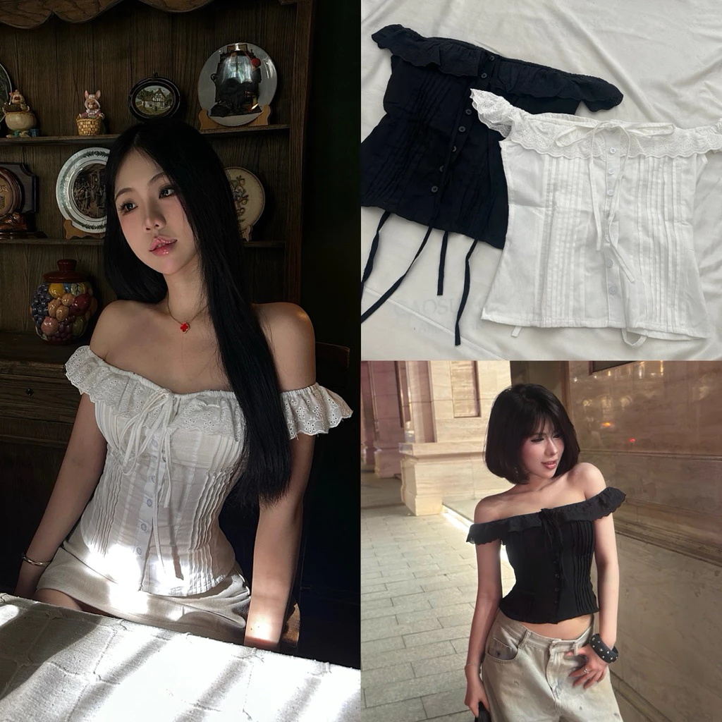 CHILLIE TOP - Áo Kiểu Bôi Thêu DEROSE Trễ Vai Mang Được 2 Kiểu Thắt Dây Sau Lưng - Áo BabyDoll thiết eo AB211