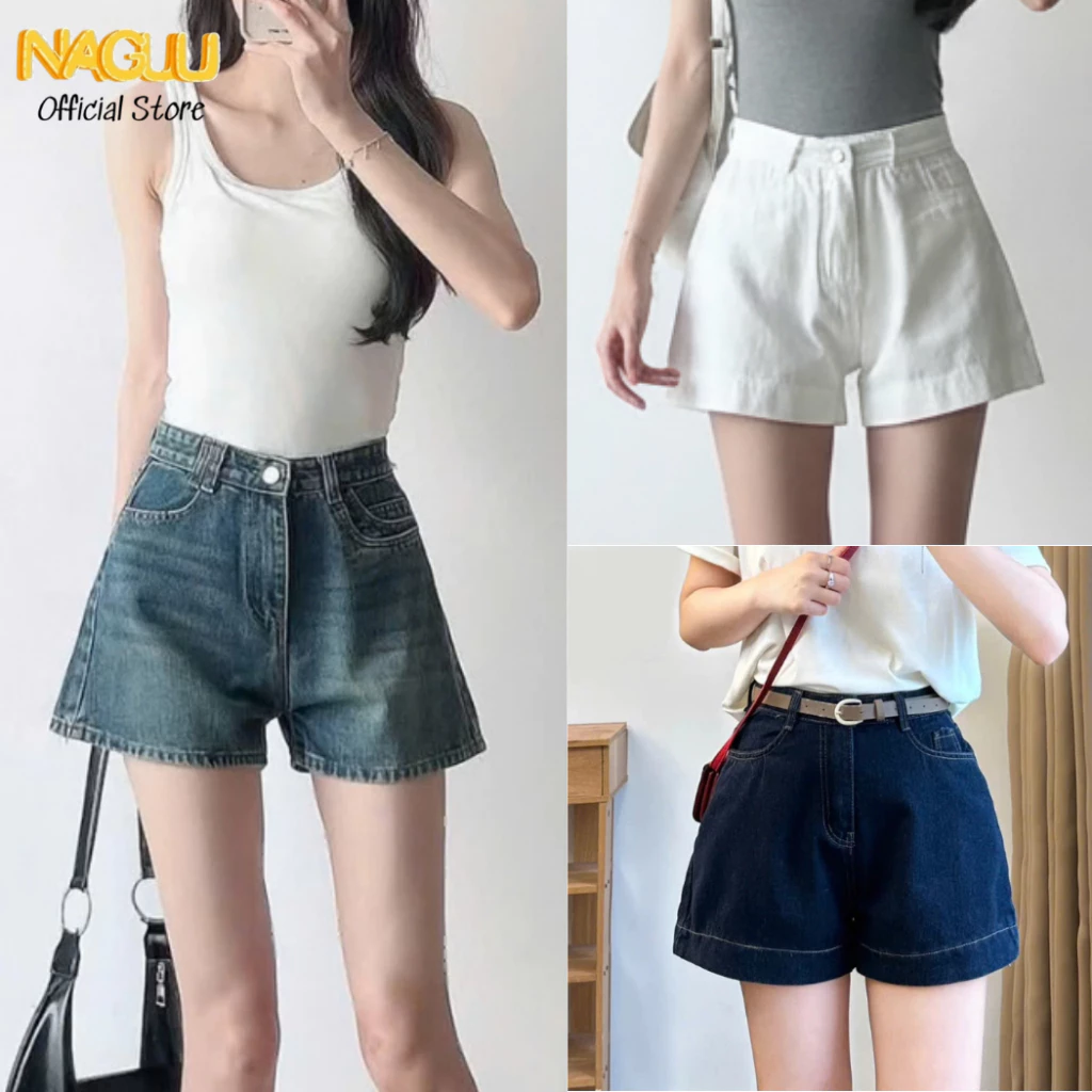 Quần Short Jeans Nữ NAGUU Chất Vải Mềm, Quần Đùi Bò Trơn Basic Cạp Cao Tôn Dáng QS09