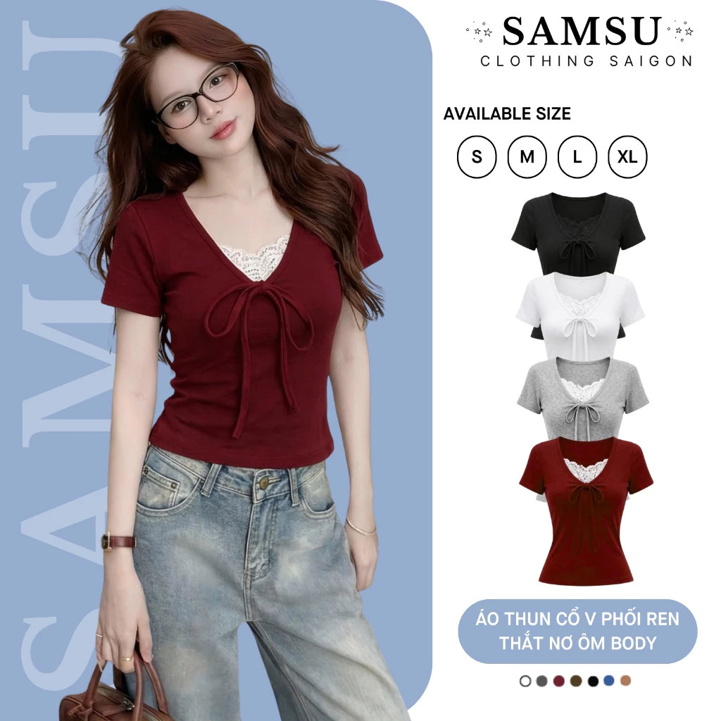 Áo Thun Kiểu Nữ Ngắn Tay Cổ V Phối Viền Ren Có Dây Thắt Nơ Xinh Xắn Chất Thun Cotton Mịn Co Giãn Mặc Mát Mẻ Mùa Hè Samsu