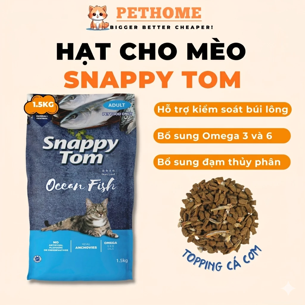 [Túi 1.5kg] Thức Ăn Hạt Cho Mèo Snappy Tom Mix Cá Cơm Sấy Với Nhiều Hương Vị Đa Dạng