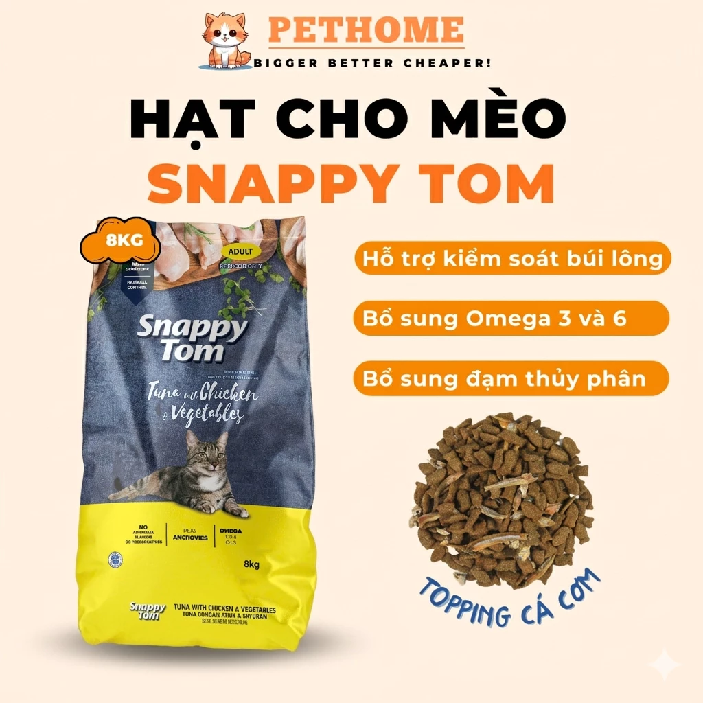 [Túi 8kg] Thức Ăn Hạt Cho Mèo Snappy Tom Mix Cá Cơm Sấy Với Nhiều Hương Vị Đa Dạng