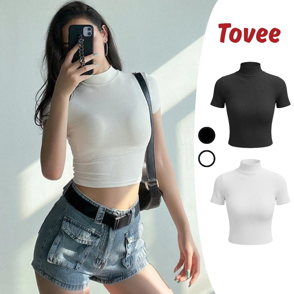 Áo Croptop Nữ CỔ LỌ tay ngắn form ôm body CR78, Áo thun crt kiểu sexy chất thun gân đẹp TOVEE