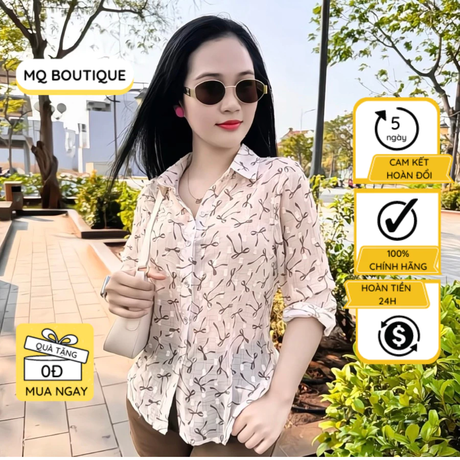 Sơ mi tơ kim tuyến nơ nâu đen MQ Boutique họa tiết cái nơ nhỏ nâu đen nền be mềm mịn mát nhẹ công sở dáng cơ bản