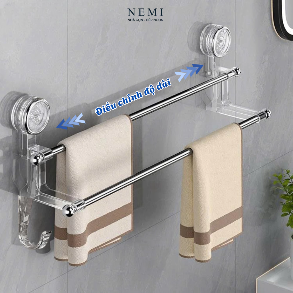Giá Treo Khăn Nhà Tắm 2 Tầng Hút Chân Không, Điều Chỉnh Độ Dài ,Kệ Để Đồ, Thanh Treo Dép, Phơi Đồ