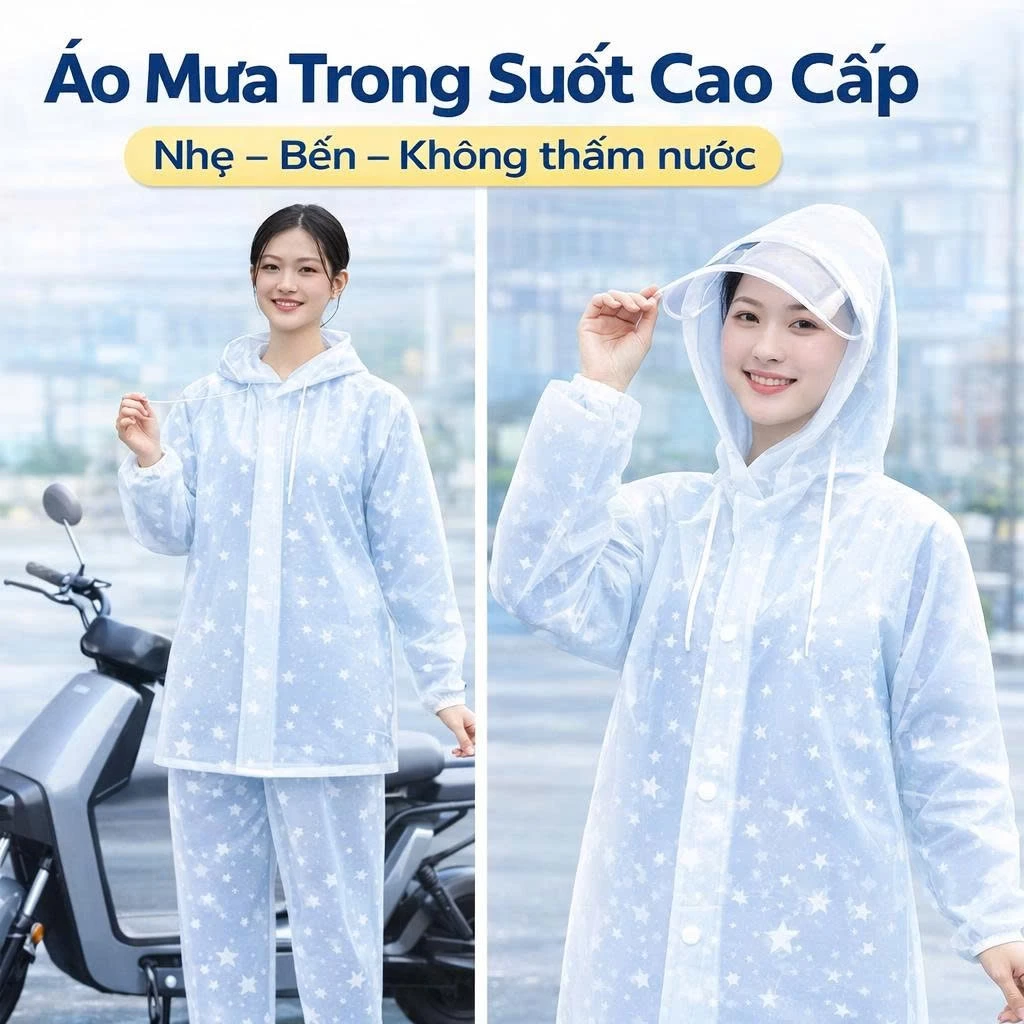 [MẪU MỚI 2024]Bộ Quần Áo Mưa  Hoa Tuyết Nhựa Dẻo Trong Suốt Chống Thấm Nước