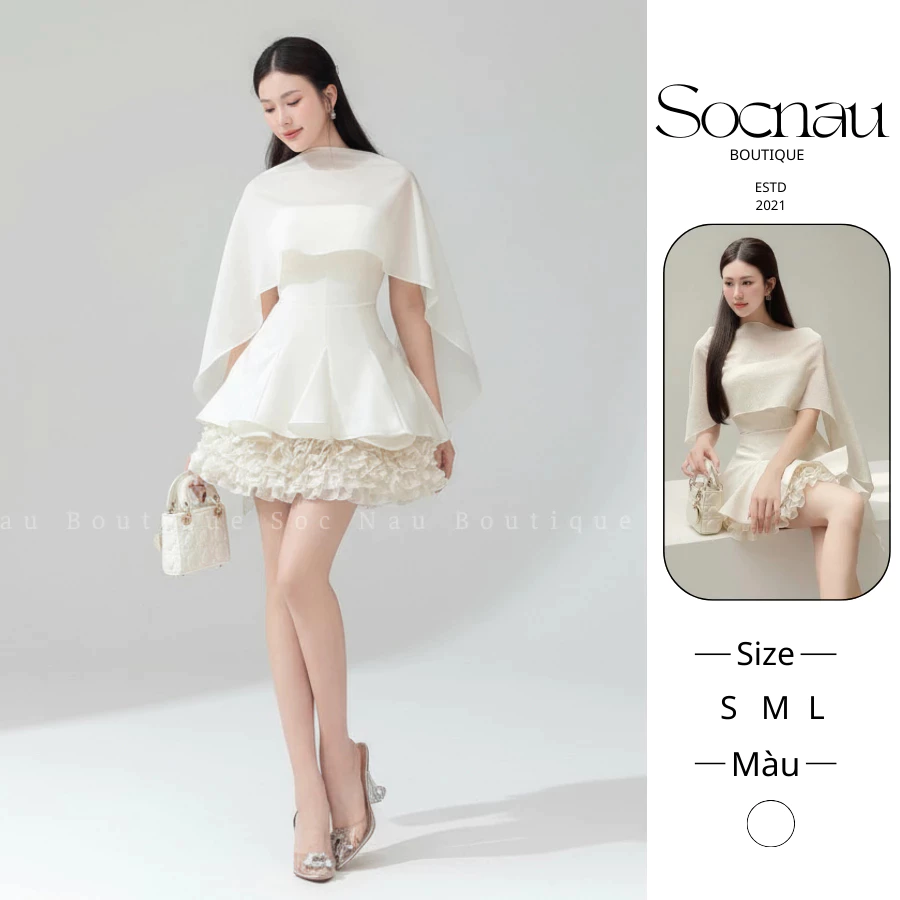 Đầm Cúp Ngực Bèo Tầng Kèm Áo Choàng Tơ Organza – Váy Mini Công Chúa Dự Tiệc Màu Kem NV789
