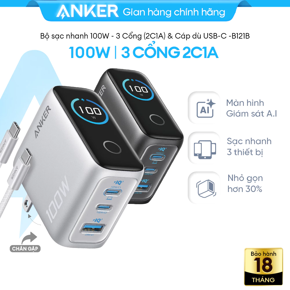 [Phù hợp iP18] Bộ sạc nhanh Anker 100W Smart Display | 3 cổng 2C1A | Công nghệ GaN | Dành cho Laptop, iPhone - B121B