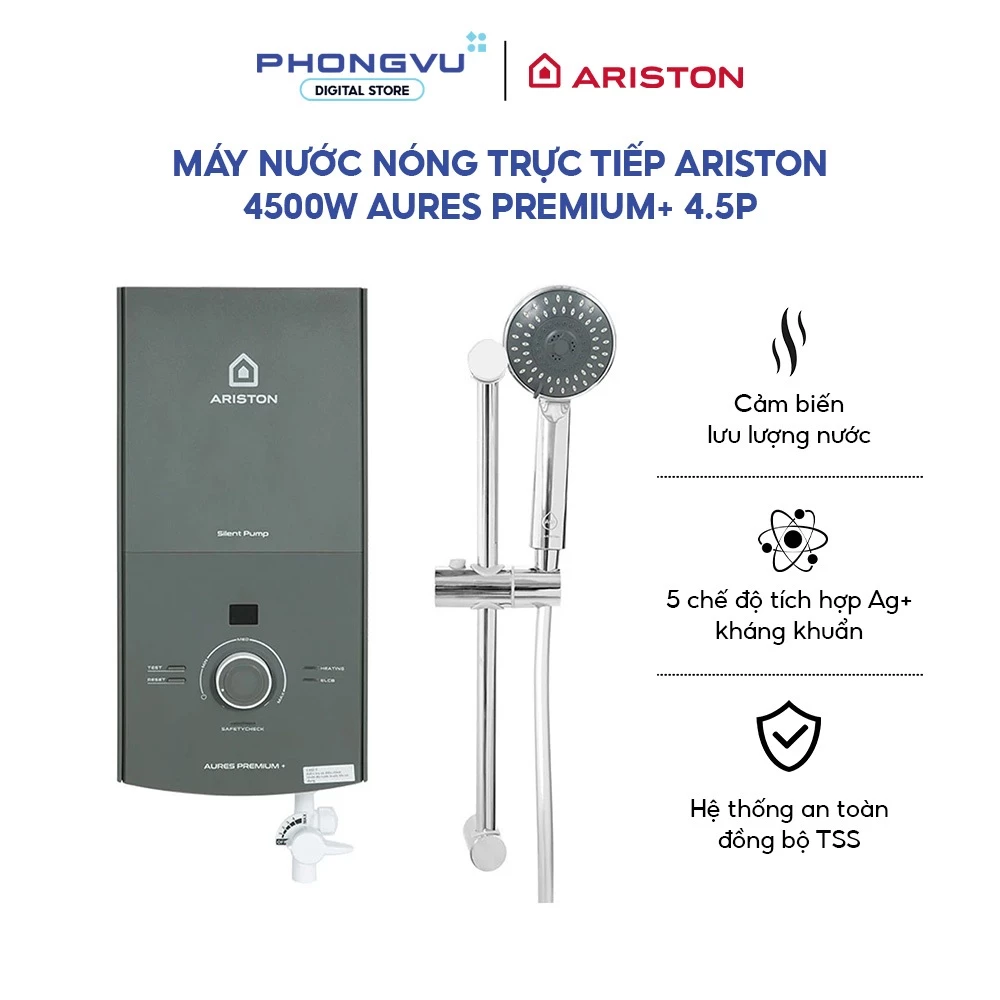 Máy nước nóng trực tiếp Ariston 4500W AURES PREMIUM+ 4.5P - Bơm trợ lực, Màn hình Led, An toàn ELCB - Bảo hành 24 tháng