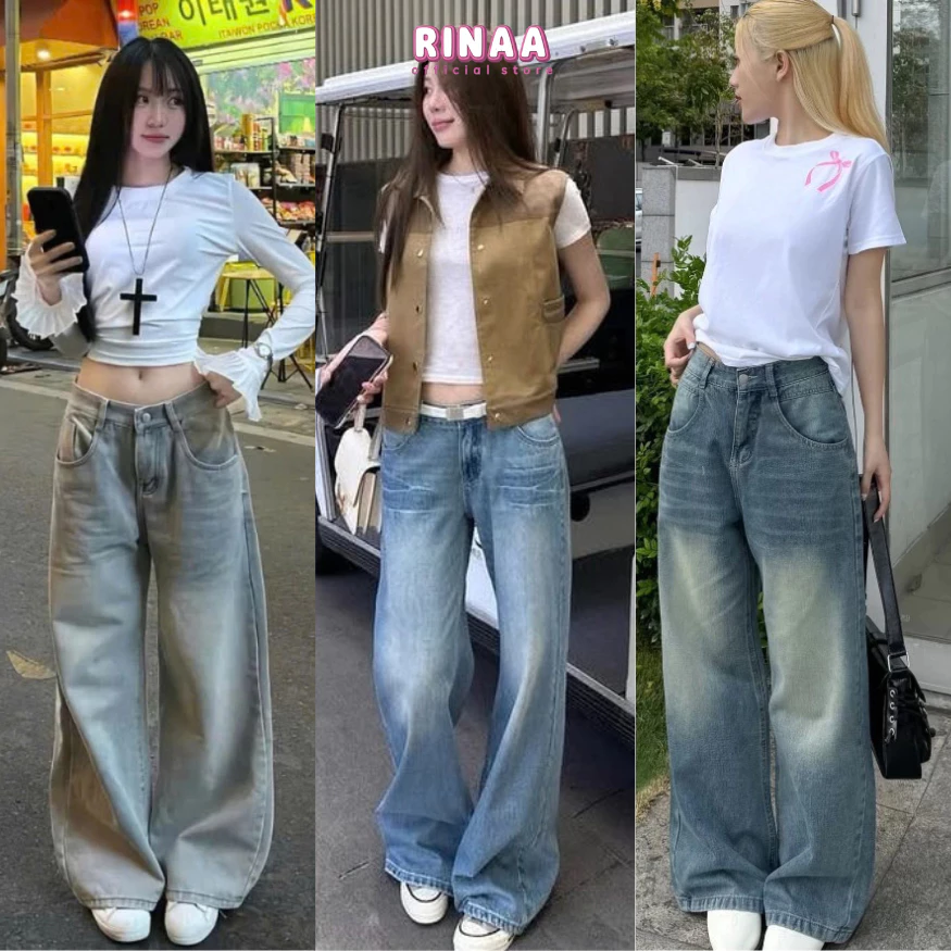 Quần Jean Ống Suông Nữ Màu Xanh RINAA, Quần Bò Suông RETRO Ống Rộng Cạp Cao Cực Tôn Dáng