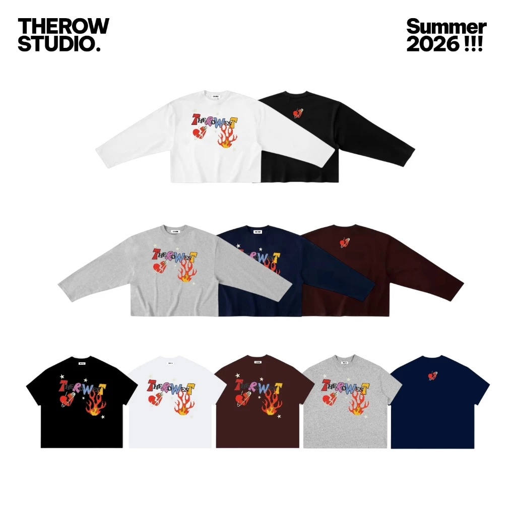 ROW001 THEROW Áo Thun Tay Dài - Tay Ngắn Long Sleeve Boxy 250gsm Form Rộng Cổ Tròn " LỬA " Unisex Nam Nữ StreetStyle