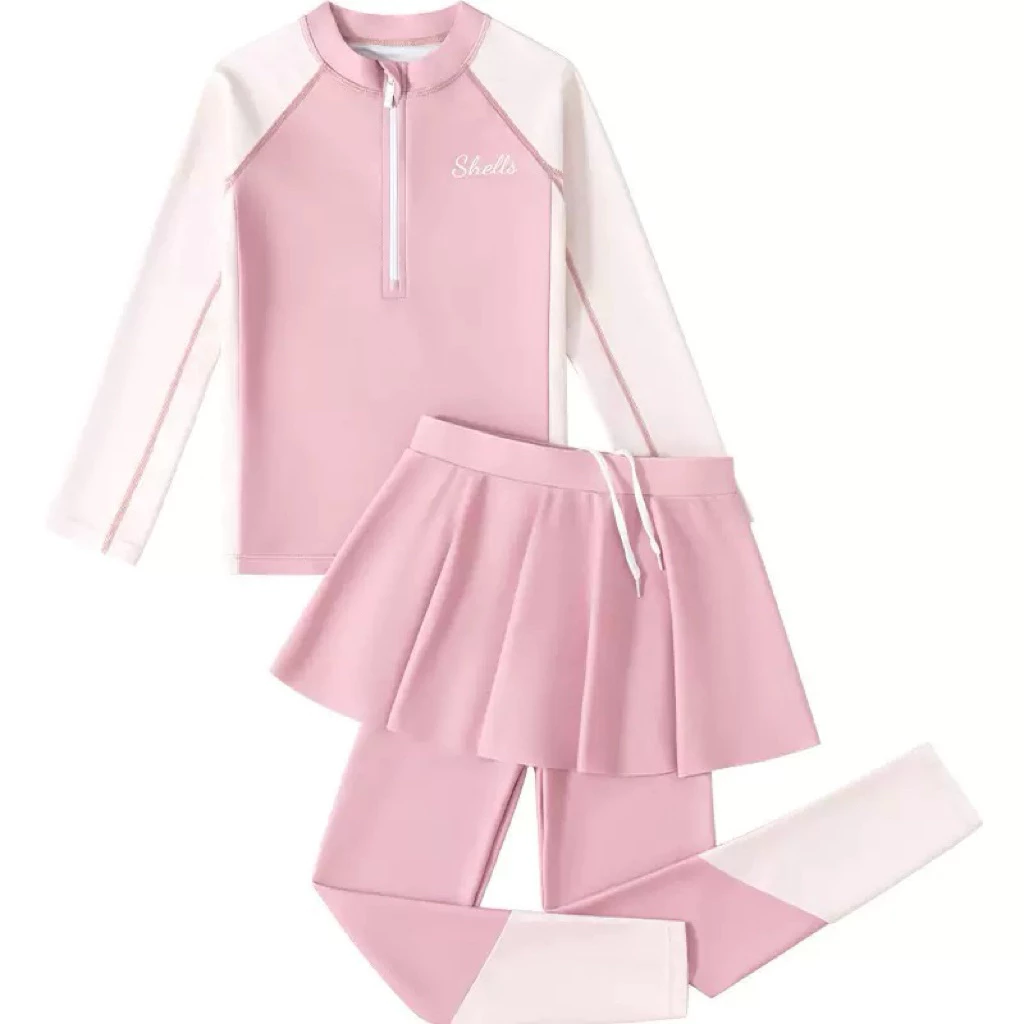 Đồ bơi cho bé gái giữ nhiệt chống nắng size 10-50kg, đồ bơi bé gái chất thun bơi dầy dặn 3 món áo+quần+váy