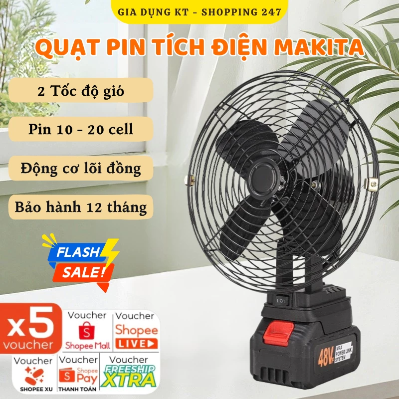 Quạt Tích Điện Chạy Pin MAKITA, Quạt Mini Để Bàn 8 Inch Công Suất Lớn, Làm Mát Cực Nhanh, Hoạt Động Bền Bỉ, Không Gây Ồn