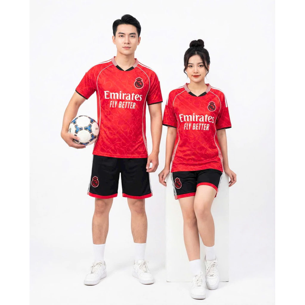 Bộ Quần Áo Bóng Đá Real ĐỎ (Có In Tên Số) Bộ Quần Áo Bóng Đá Thun Mè Cao Cấp Thoáng Mát Logo Thê