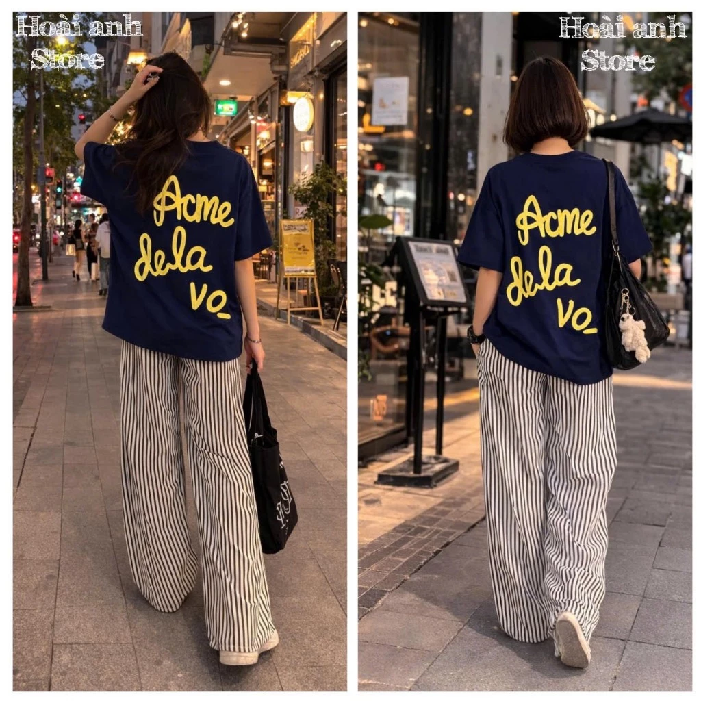 Sét Áo Thời Trang Nữ ACE In Nổi Chữ Vàng Phối Quần Dài Ống Rộng Sọc Đen Unisex Nam Nữ Hottrend