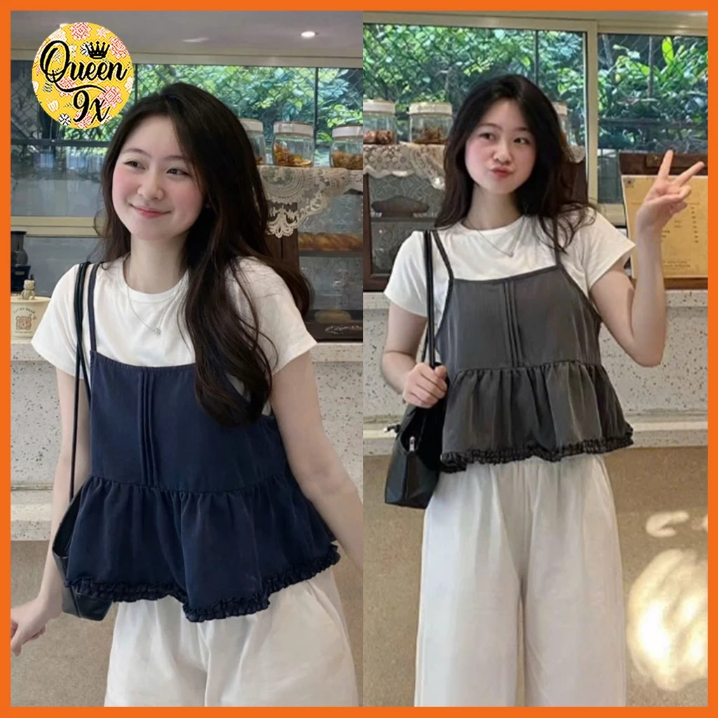 Set áo dây babydoll kiểu viền bèo kèm áo trắng Cho Nữ Dễ Thương