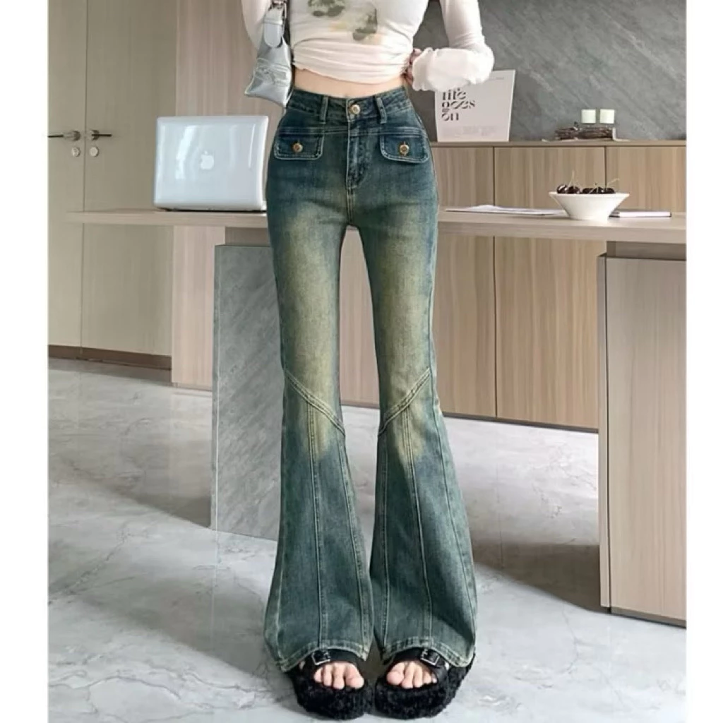 Quần jeans loe túi nắp ống kiểu mài đùi lưng cao chất bò mềm co dãn phong cách hiện đại