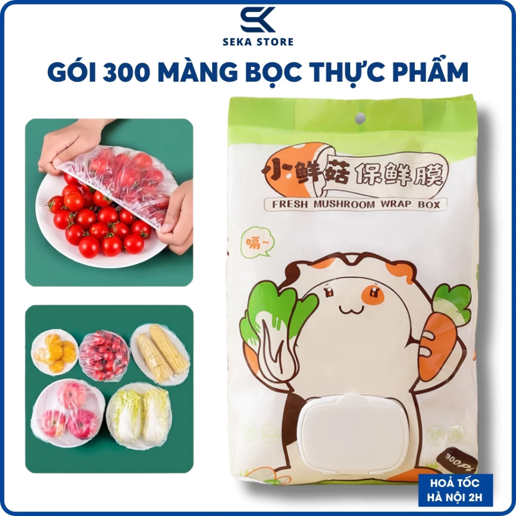 300 Màng bọc thực phẩm co giãn siêu dai có chun kèm túi gấu chất liệu PE- Mũ chùm đầu dùng 1 lần tiện lợi