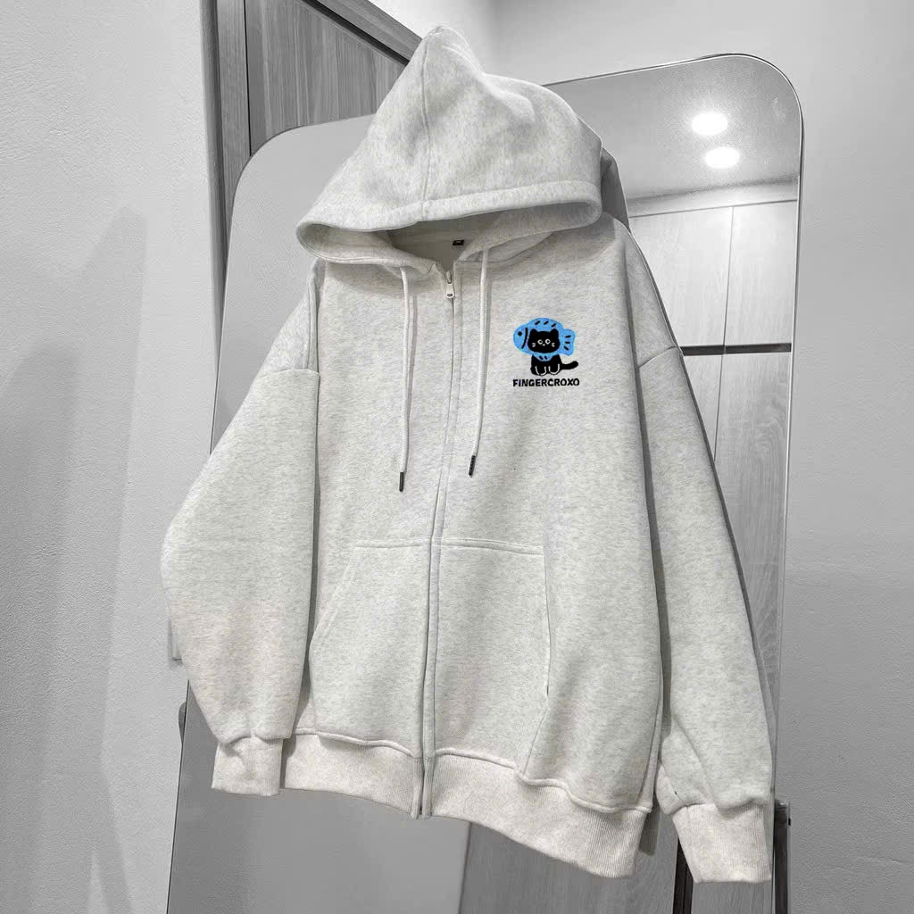 Áo Khoác Nỉ Hoodie Zip Khóa Kéo MÈO CÁ Cute Form Rộng Nam Nữ Chất Nỉ Bông Dày Dặn (Có Túi Trong)