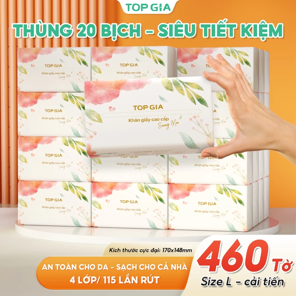 [PHIÊN BẢN LỚN] Thùng 10/20 bịch giấy ăn TopGia sương mai cao cấp 4 lớp dày dặn, mềm mịn, thấm hút tốt