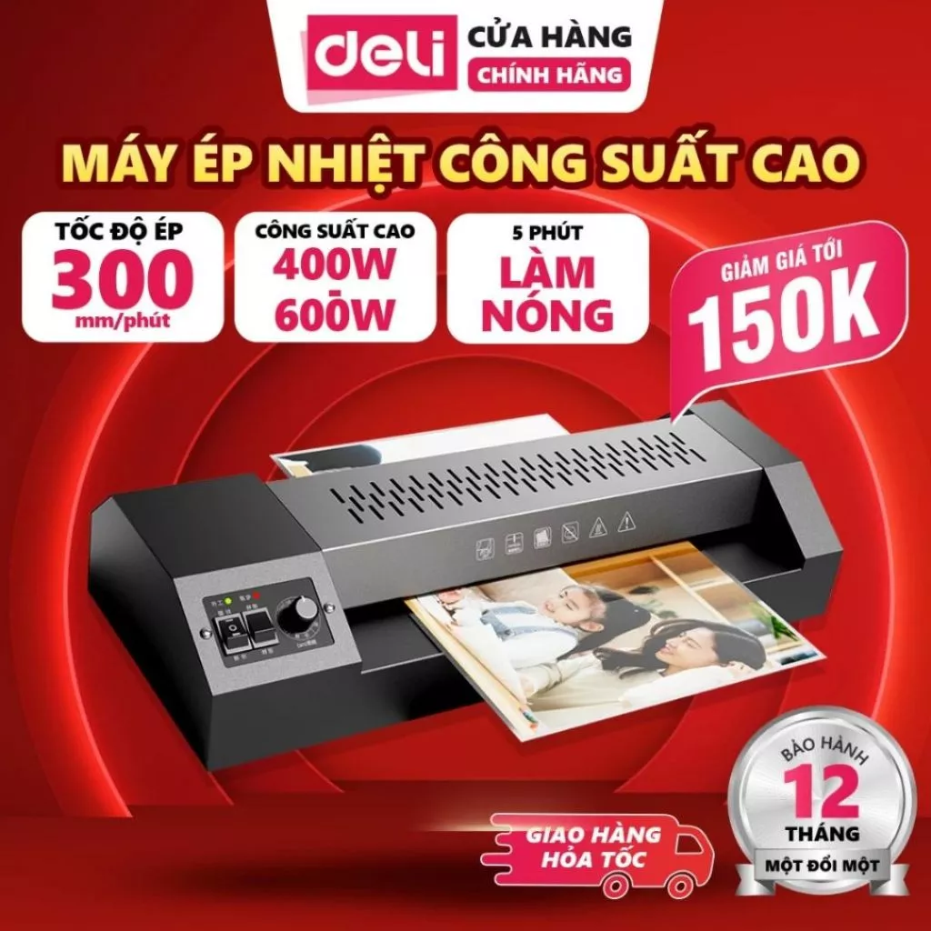 (VOUCHER 100K) Máy Ép Nhiệt Khổ A3 A4 Deli Máy Ép Plastic Bảo Vệ Tài Liệu Máy Cán Màng Ảnh Sắc Nét - Công Suất 400W