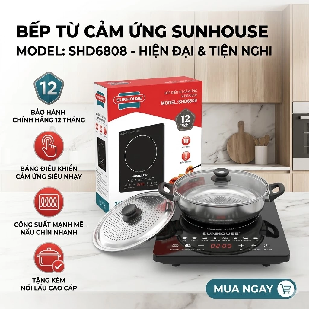 Bếp Từ Hồng Ngoại Cảm Ứng Sunhouse 2200W – Bếp Điện Nấu Nhanh Siêu Tiện Lợi, Mặt Kính Chịu Lực Bền Bỉ, Tặng Kèm Nồi Nấu