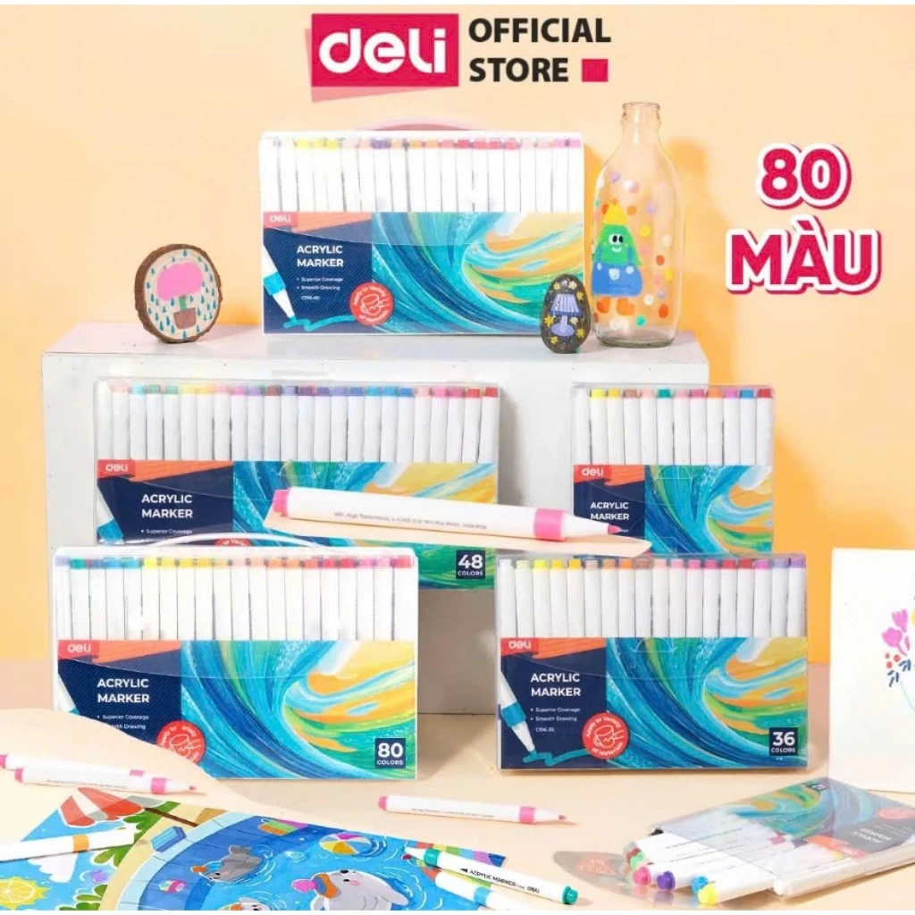 Bút Sơn 80 Màu Acrylic Marker Cao Cấp Deli Màu Sắc Tươi Sáng Vẽ Trên Mọi Chất Liệu Có Thể Chồng Màu