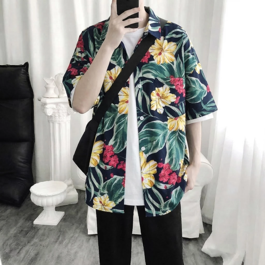 Áo Sơ Mi Họa Tiết Ngắn Tay, Áo Sơ Mi Đi Biển, Dáng Unisex Nam Nữ, Áo Đôi, Hàng Quảng Châu - AN12