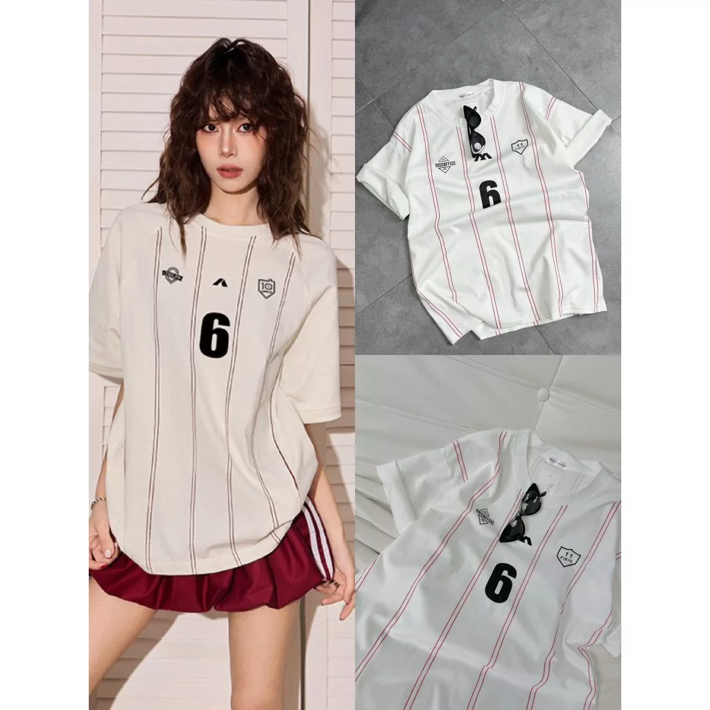 Áo Thun Nữ Mùa Hè Kẻ Sọc In Số 6, Áo Phông Tay Lỡ Form Rộng Cotton Co Giãn Mát Phong Cách Basic Hàn Quốc