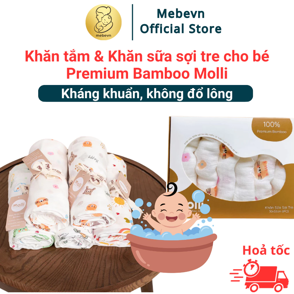 Khăn tắm & khăn sữa sợi tre Premium Bamboo cho bé cao cấp Molli, khăn tắm sợi tre kháng khuẩn