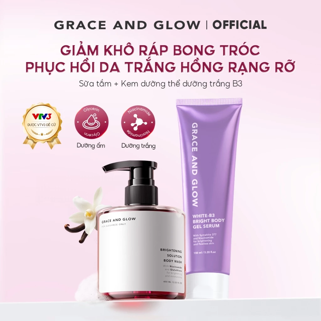 Combo 2 Sữa dưỡng thể dạng B3 Sữa tắm trắng da Grace and Glow hỗ trợ chống khô ráp bong tróc da trắng hồng rạng rỡ