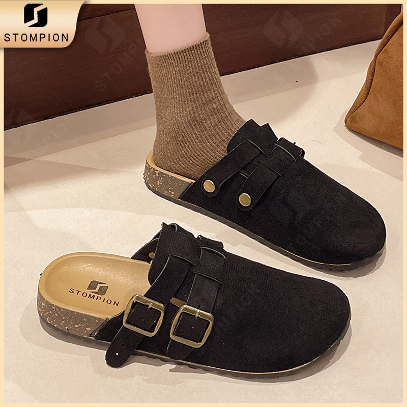 STOMPION Dép sục nữ kiểu Hàn, đế mềm êm chân, khóa đôi sang trọng phong cách cổ điển đế giày bằng PVC chống trơn trượt