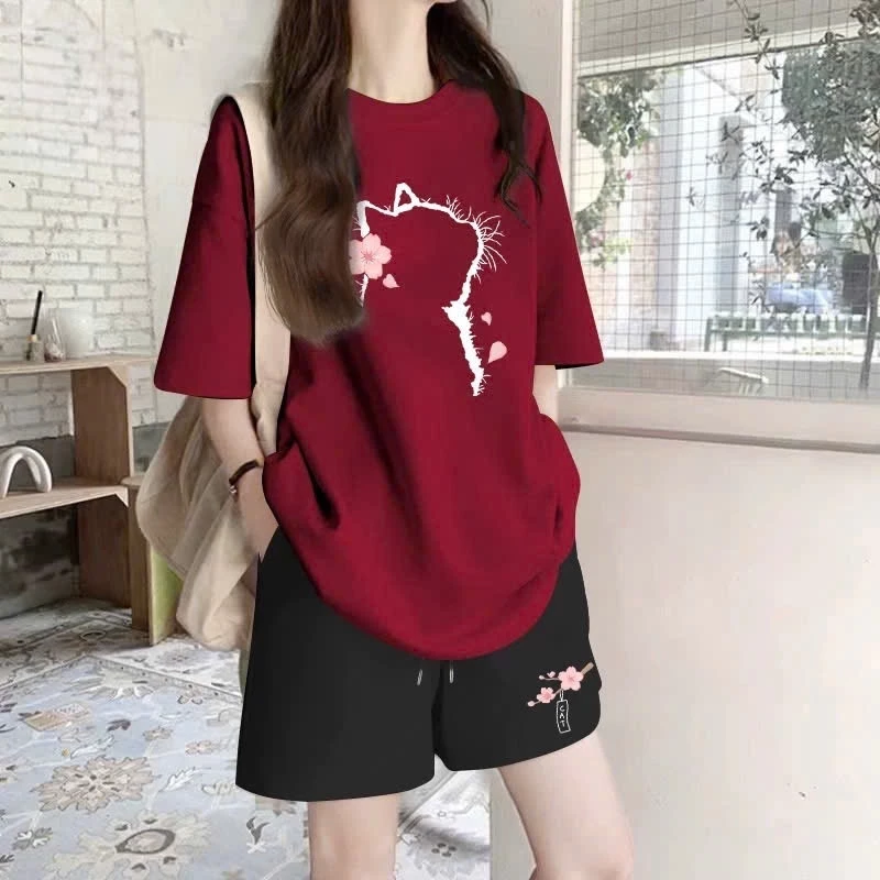 Set đồ bộ nữ cotton Hàn in mèo hoa đào – Bộ short nữ form rộng 3 màu 3 size phối màu tùy chọn