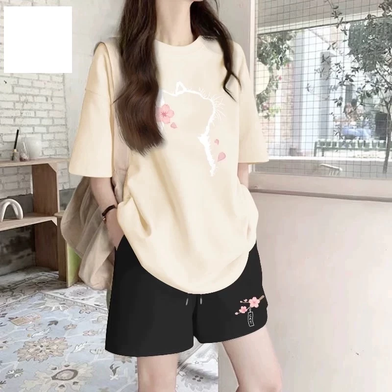 [RẺ VÔ ĐỊCH] Set đồ bộ nữ cotton Hàn in mèo hoa đào – Bộ short nữ form rộng 3 size