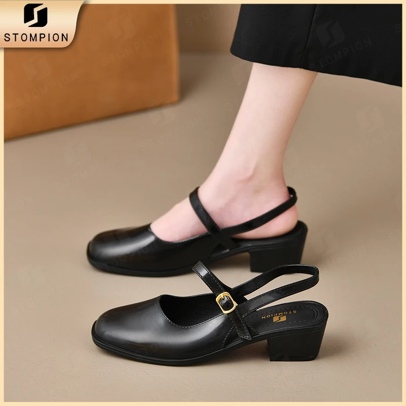 STOMPION Giày Mary Jane Nữ Mũi Tròn Gót Vuông 3cm Quai Ngang Hở Sau, Thời Trang Công Sở & Dạo Phố
