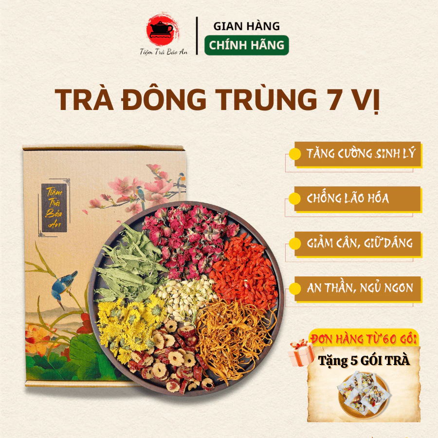 Trà Đông Trùng 7 Vị Thảo Mộc, an thần, chống lão hóa, mát gan dễ ngủ, đẹp da, giảm cân, giảm mệt mỏi, ngủ sâu giấc