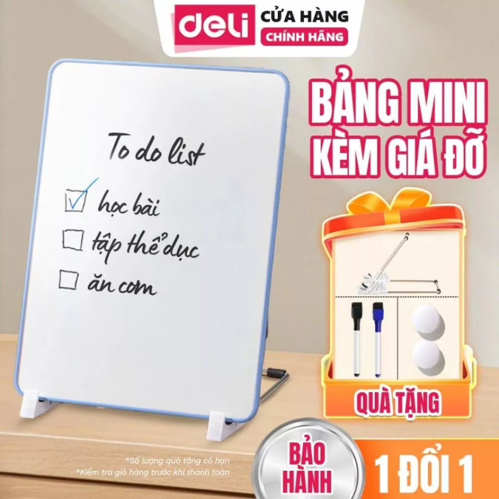 Bảng Từ Trắng DELI Cỡ Nhỏ Kèm Giá Đỡ, Bảng Viết Bút Lông, Bảng Trắng Dạy Học Kèm Giá Đỡ Tiện Lợi