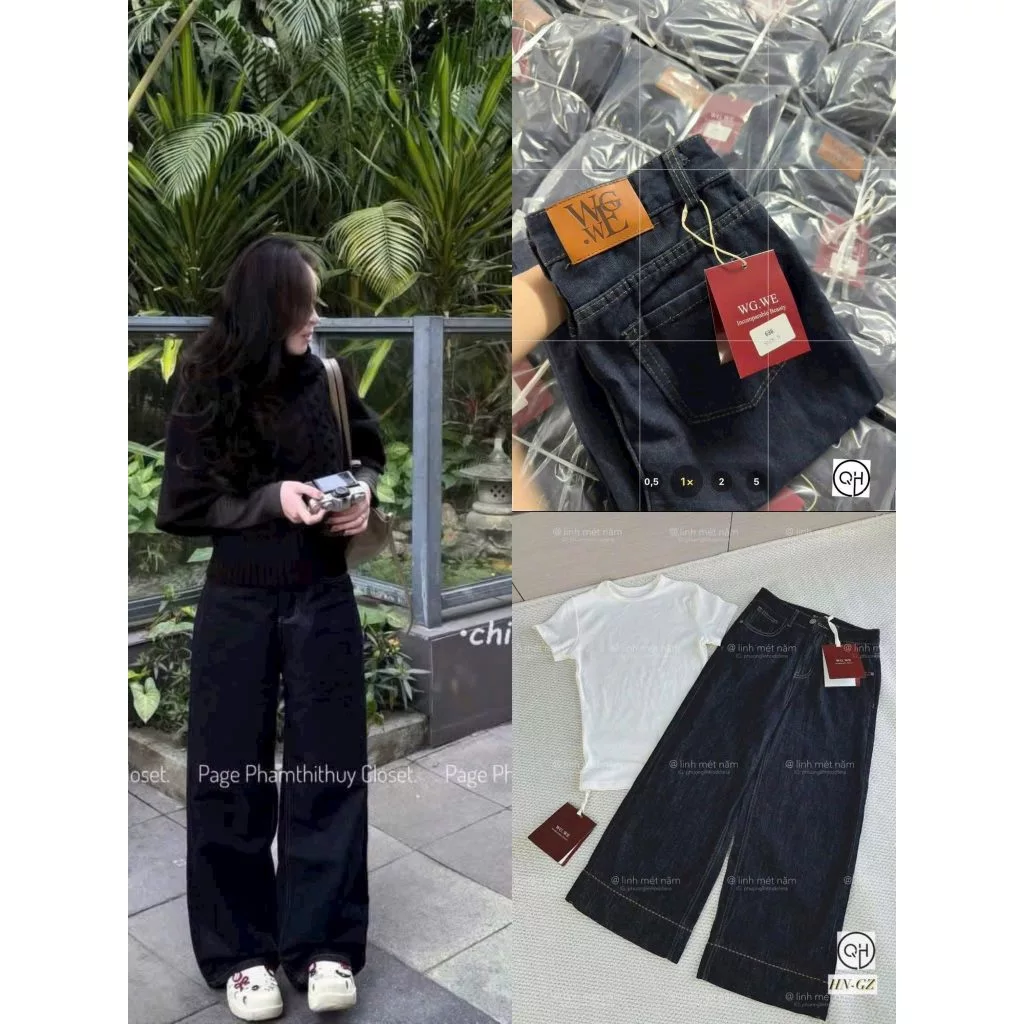 Quần Bò Jeans Nữ Ống Rộng, Quần Bò Denim Suông Ống Rộng Trơn Màu Xanh Đậm Chỉ Nổi Phối Mác Da WGWE Cạp Cao Hách Dáng