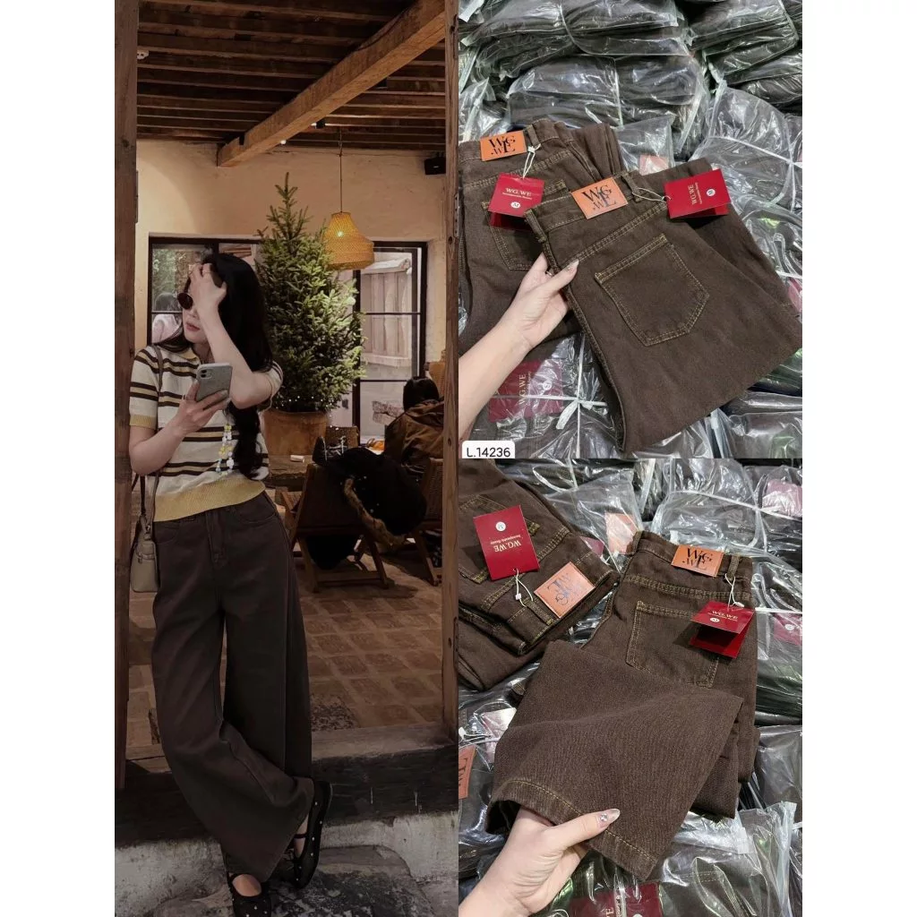 Quần Bò Jeans Nữ Ống Rộng, Quần Bò Denim Suông Ống Rộng Trơn Màu Nâu CHOCO Phối Mác Da WGWE Cạp Cao Siêu Hách Dáng
