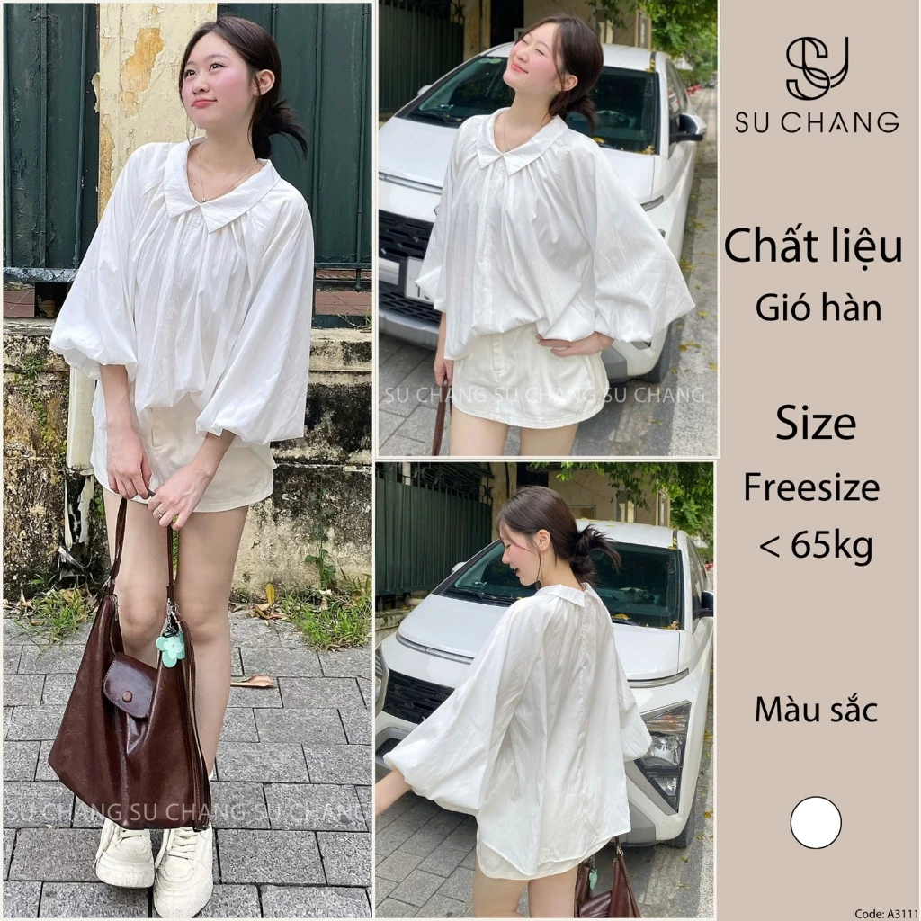 Áo Sơ Mi Over Size Tay Bồng Cổ Bẻ A3111 Su Chang Thời Trang Nữ Bigsize