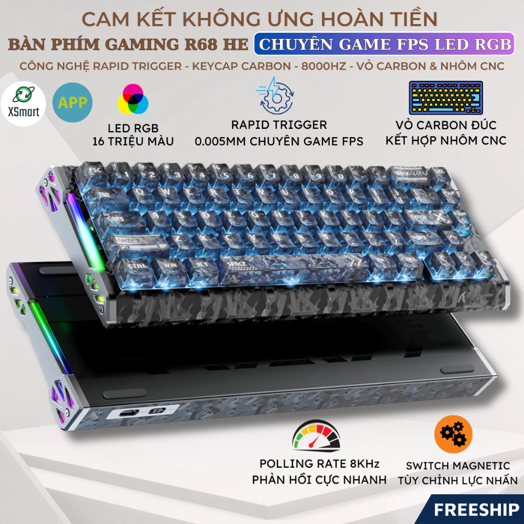 Bàn Phím Gaming Attack Shark R68 HE Công Nghệ Rapid Trigger Vỏ Forged Carbon 8000Hz Layout 60%