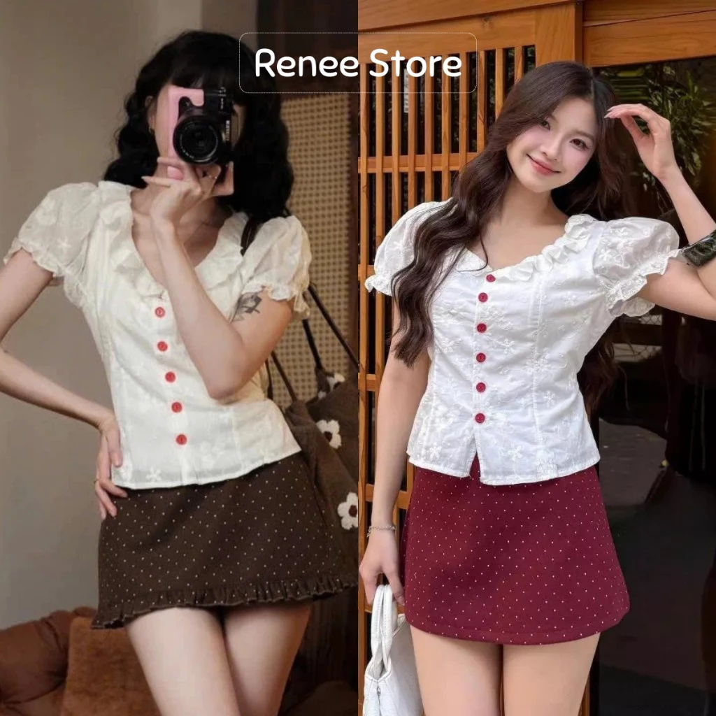 Áo kiểu nữ top cổ bèo phối cúc đỏ, áo cộc tay cổ tròn có dây buộc eo Renee Store - A1161