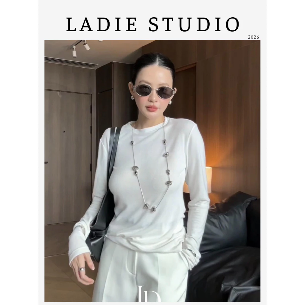 [LADIE STUDIO] Set áo thun giấy tay dài cổ tròn, quần tây nữ ống loe cạp cao công sở