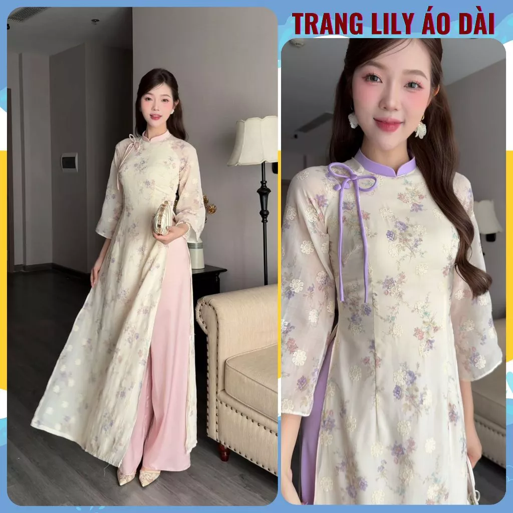 Áo dài NGỌC NGÀ dáng ôm cách tân bốn tà form truyền thống đính nơ áo dài nữ giáo viên, áo dài lily