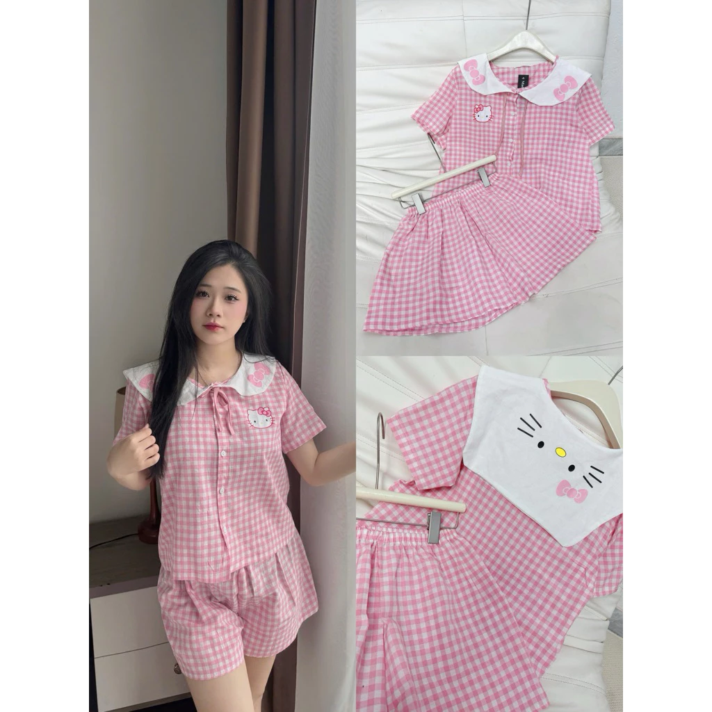 Set Bộ Nỉ Nữ Mùa Hè Ngắn Tay Hình Hello Kitty Caro, Set Bộ Màu Hồng Áo Cổ Sen Cài Cúc Kèm Quần Dáng Suông Siêu Xinh
