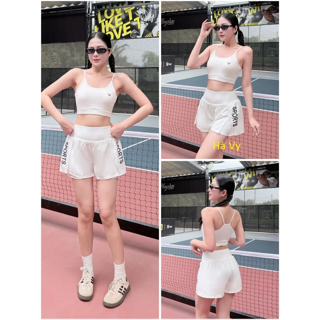 Bộ tập gym aerobic nữ, Quần Sp Áo 2 dây  đi bơi chạy bộ nữ áo rút ngực kết hợp chân váy 2 lớp