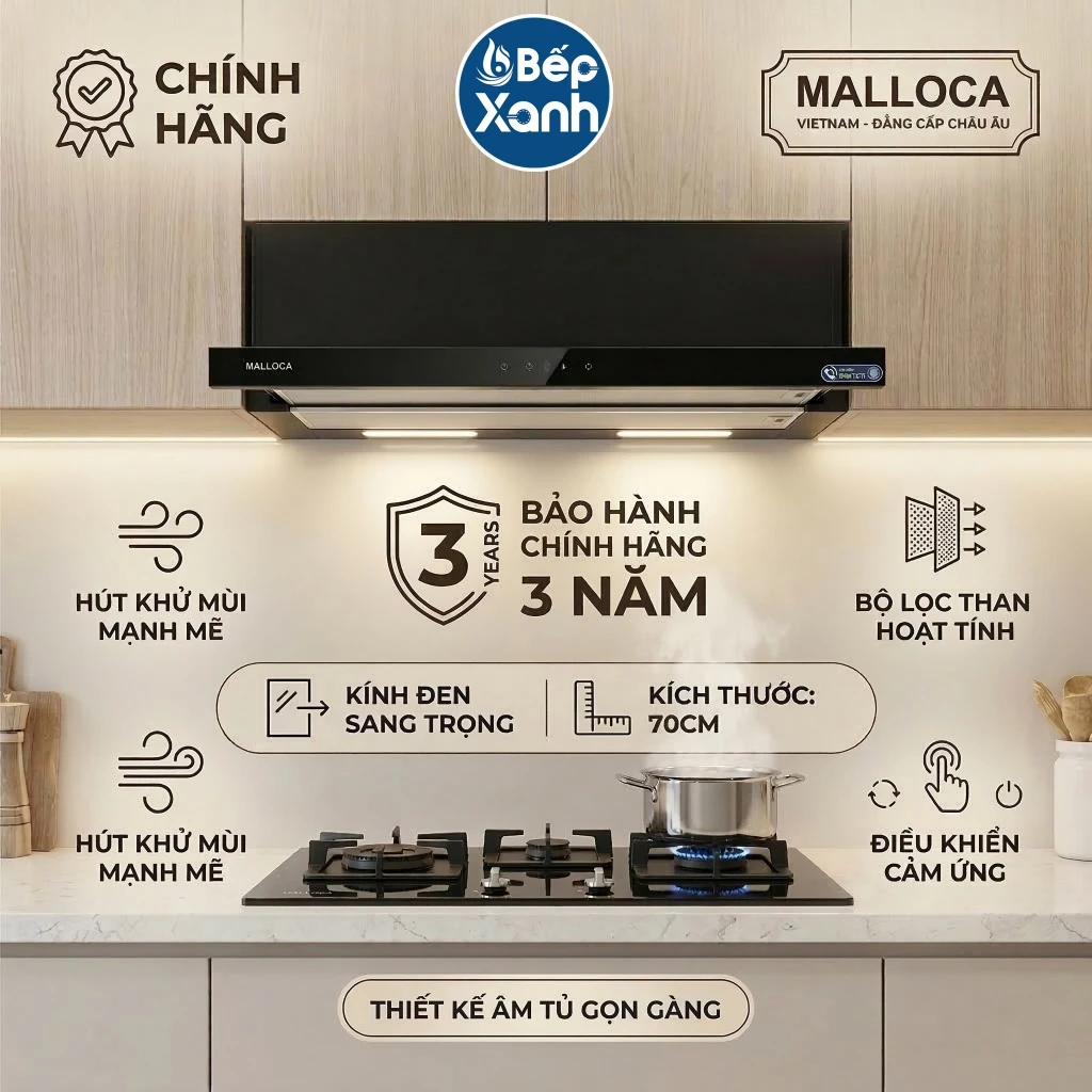 Máy hút mùi âm tủ Malloca dạng Pull-out MH-60BTC/MH-70BTC/MH-90BTC, hoặc Hidden MH-600GT, MH-700GT