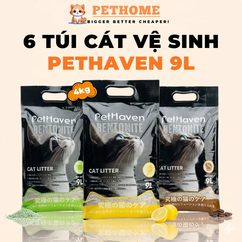[6 Túi] Cát Vệ Sinh Cho Mèo PetHaven 9L (4kg), Cát Đất Sét Khử Mùi Tốt, Thấm Hút Vón Cục Siêu Nhanh