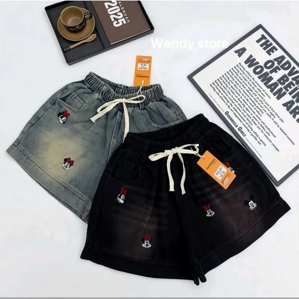 Quần Sóc Jean Nữ Phối Gấu Thêu Họa Tiết Micky Cạp Chun Lưng Cao, Vải Jean Thổ Mềm Mịn